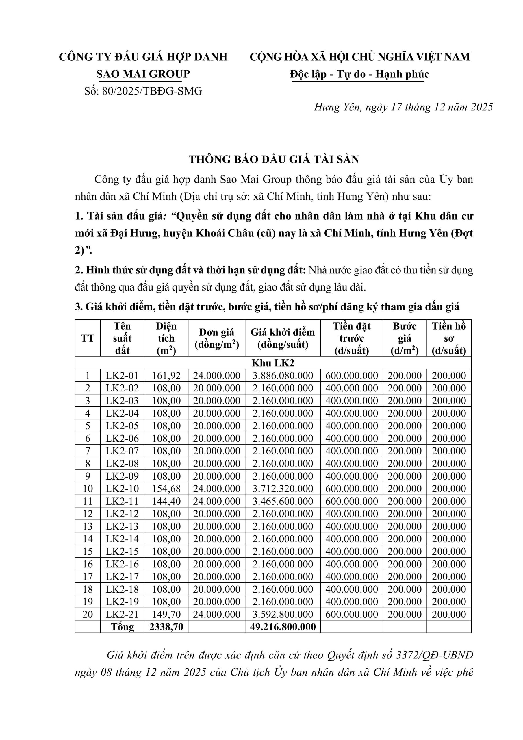 Quyền sử dụng đất cho nhân dân làm nhà ở tại Khu dân cư mới xã Đại Hưng, huyện Khoái Châu (cũ) nay là xã Chí Minh, tỉnh Hưng Yên (Đợt 2)