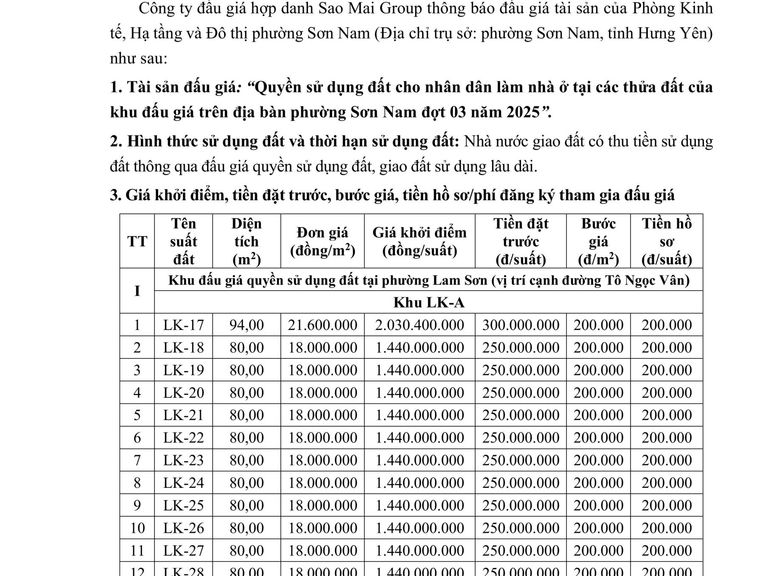 Quyền sử dụng đất cho nhân dân làm nhà ở tại các thửa đất của khu đấu giá trên địa bàn phường Sơn Nam đợt 03 năm 2025