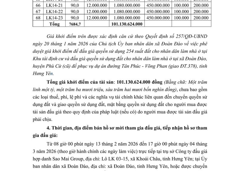 “Quyền sử dụng 68 suất đất (đợt 1 năm 2026) cho nhân dân làm nhà ở tại Khu tái định cư và đấu giá quyền sử dụng đất cho nhân dân làm nhà ở tại xã Đoàn Đào, huyện Phù Cừ (cũ) để phục vụ dự án đường Tân Phúc – Võng Phan (giao ĐT.378), tỉnh Hưng Yên — ảnh 3