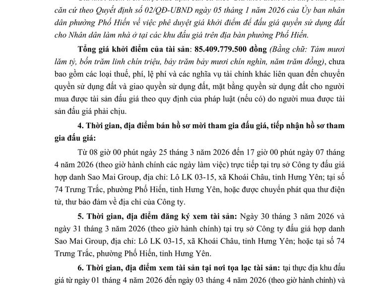 Quyền sử dụng đất cho nhân dân làm ở tại các thửa đất của các khu đấu giá trên địa bàn phường Phố Hiến đợt năm 2026 — ảnh 2