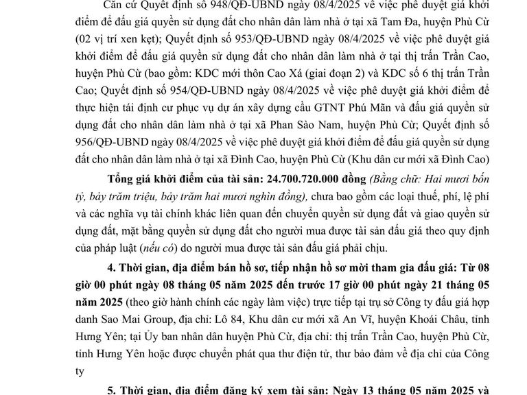 QUYỀN SỬ DỤNG 22 suất đất cho nhân dân làm nhà ở tại thị trấn Trần Cao, xã Tam Đa, xã Phan Sào Nam và xã Đình Cao, huyện Phù Cừ — ảnh 1