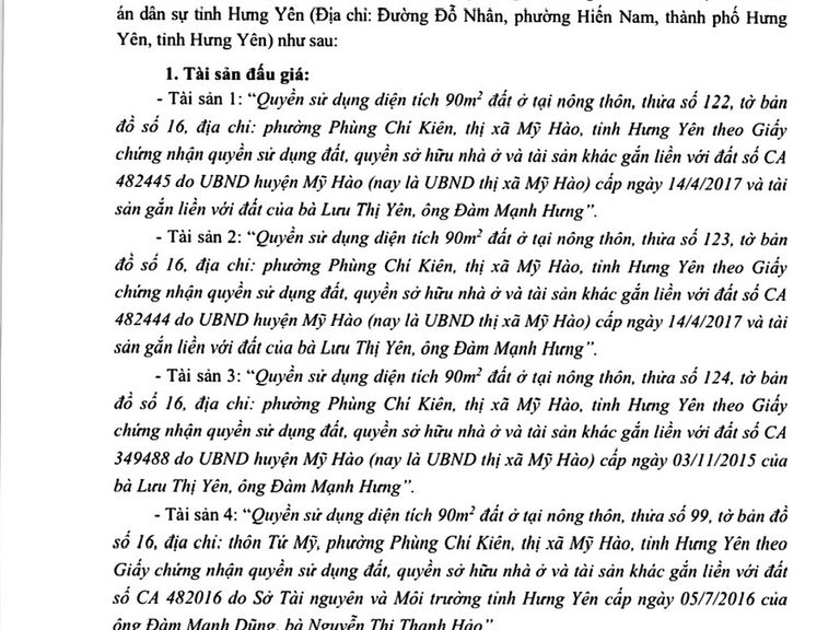 Tài sản bắt buộc thi hành án của Cục thi hành án dân sự tỉnh Hưng Yên — ảnh 1